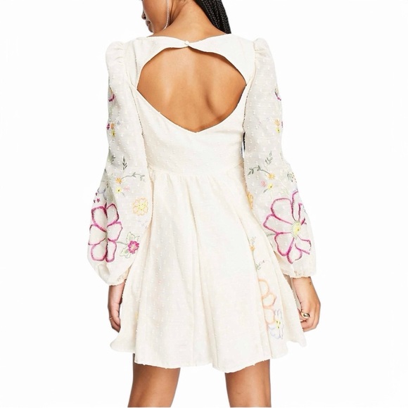 ASOS Embroidered Floral Mini Dress Cream Puff Sleeve 8 Cottagecore Romantic - Picture 3 of 9